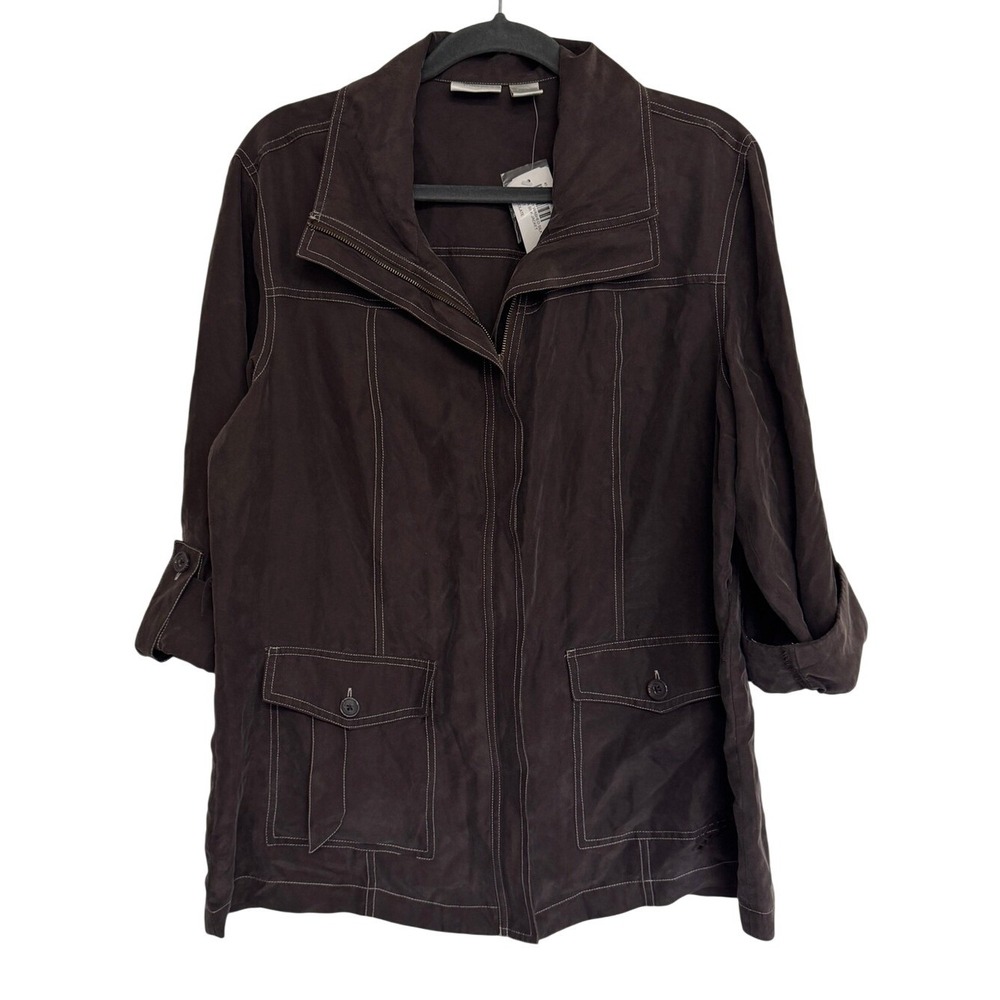 Chicos Zenergy New Size 2 Large Silk Brown Utility Jacket Contrast‎ Stitching